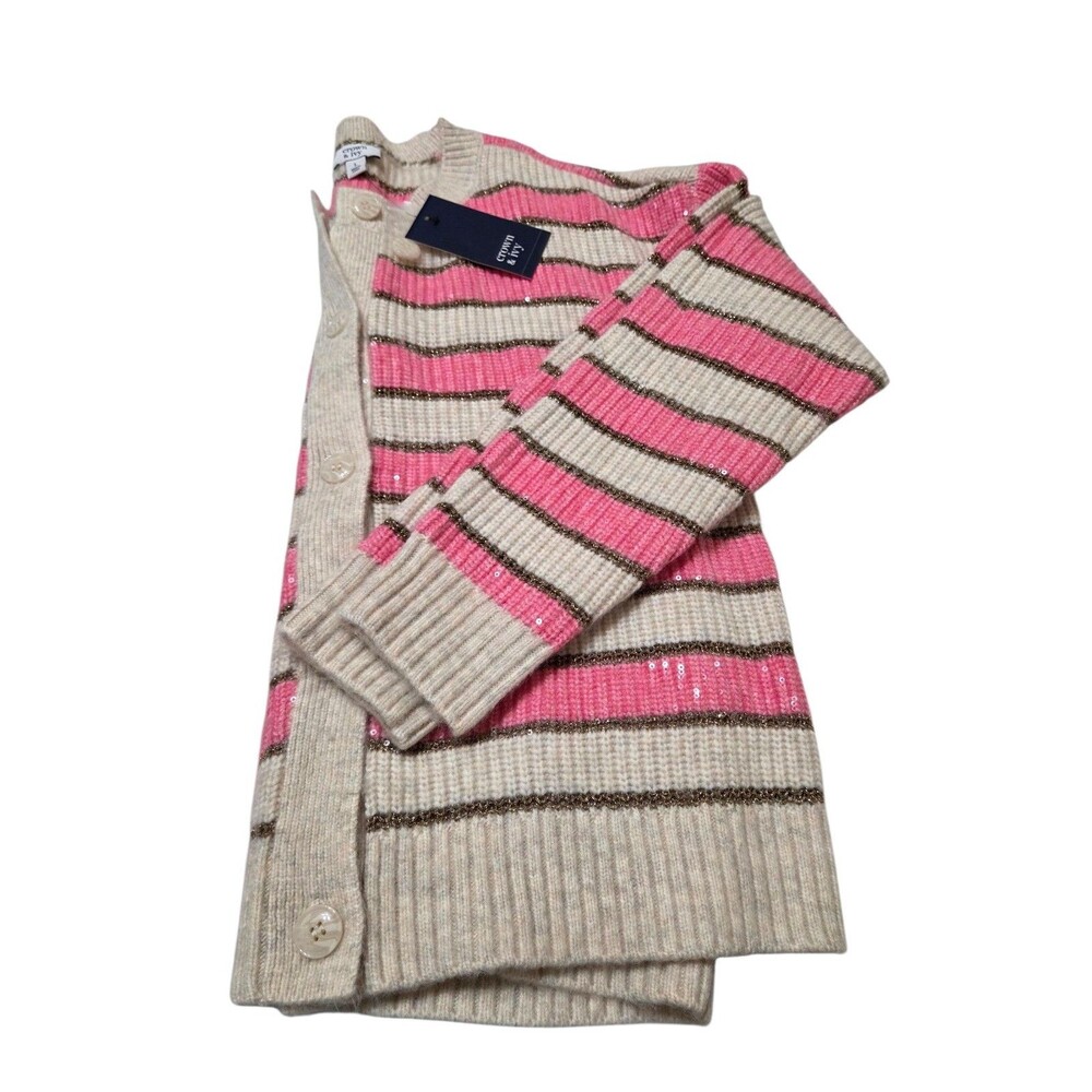 Crown & Ivy Women's Stripe Shine Sequin Cardigan Large Pink Tan Gold NWT S.1 - Picture 9 of 9